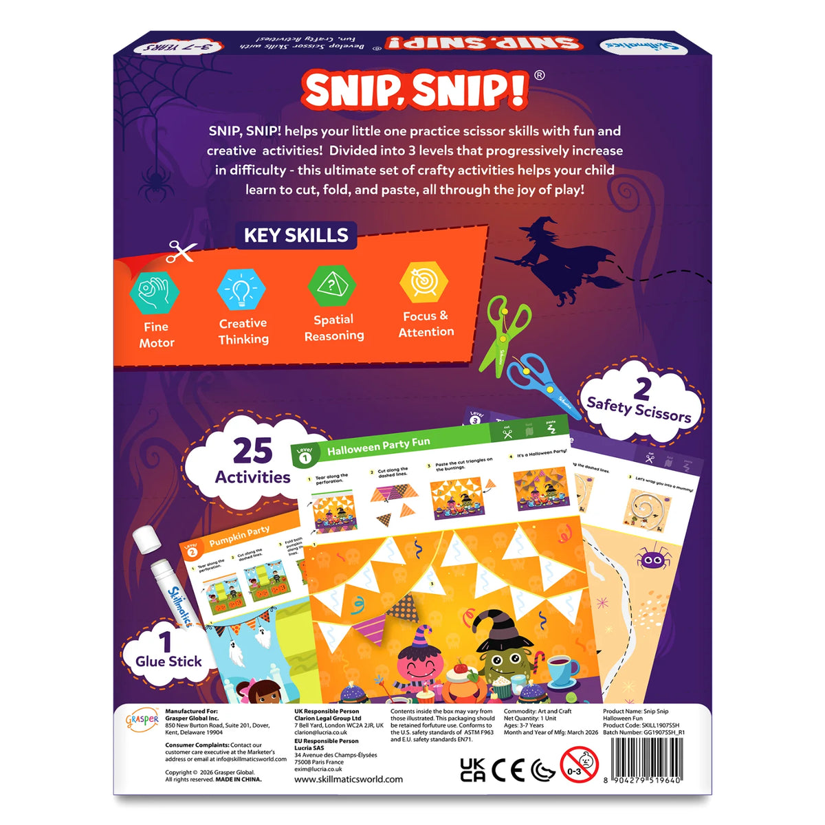 Back of the Snip, Snip! Halloween box with a product description, Key Skills icons for fine motor, creative thinking, spatial reasoning and focus, a witch on a broom, and activity pages such as Halloween Party Fun and Pumpkin Party, labeled 25 activities, 2 safety scissors and 1 glue stick.