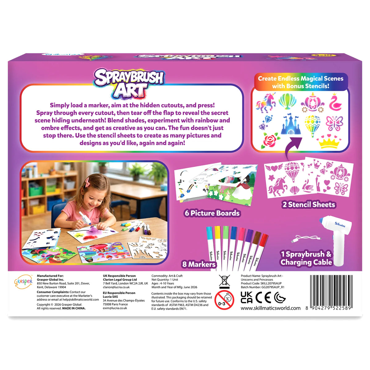 Back-of-box view of Skillmatics Spraybrush Art shows product instructions, a child using the spraybrush, six picture boards, two stencil sheets, eight markers, a spraybrush and charging cable. The package lists ages 4–10 years, one unit, safety and conformity marks, manufacturer details and barcode.