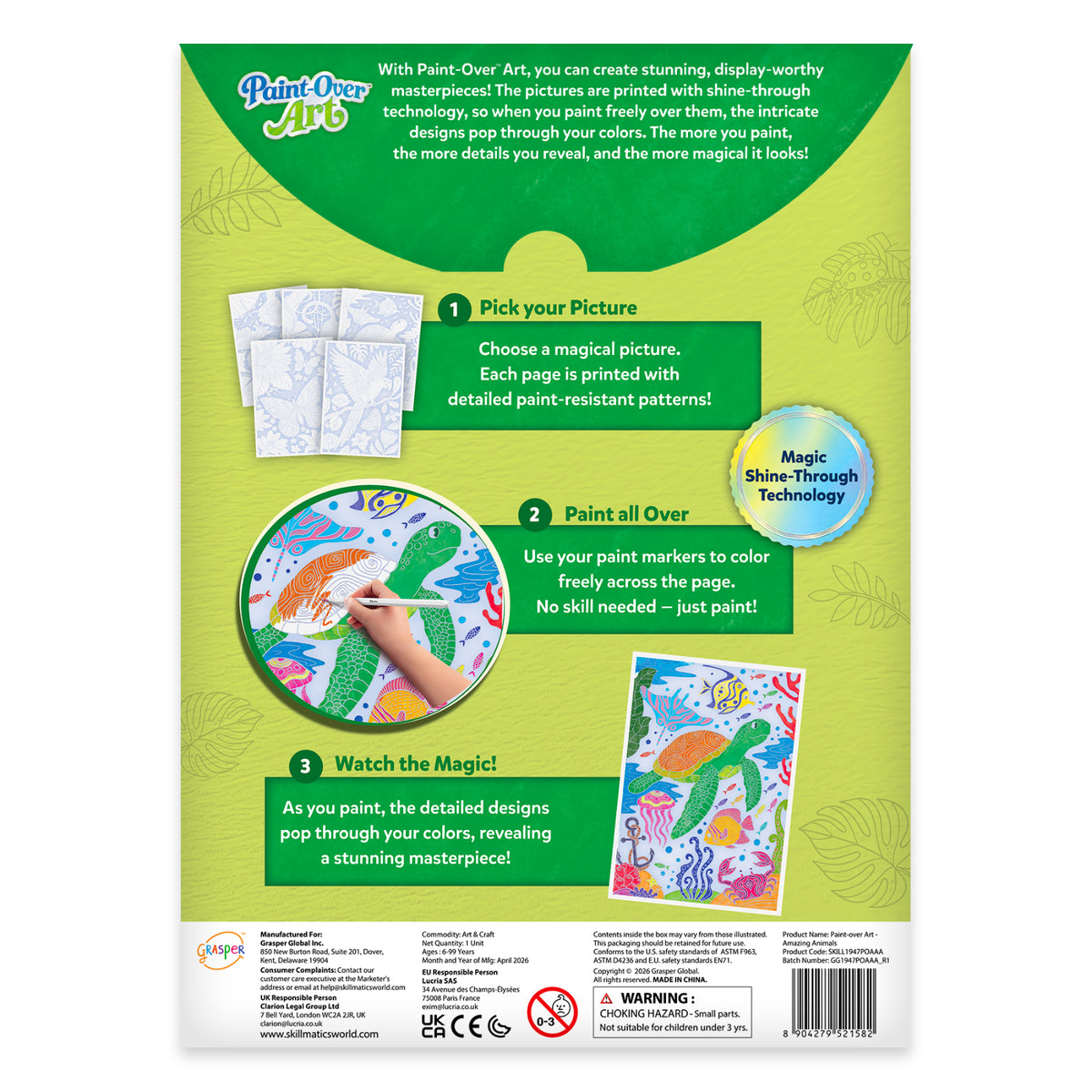 Back-of-box instruction layout for Paint-Over Art kit showing step-by-step usage guide. Includes 'Pick your Picture', 'Paint all Over', and 'Watch the Magic' sections with sample artwork. Also displays safety warnings, branding, certifications, barcode, and product details on green background.