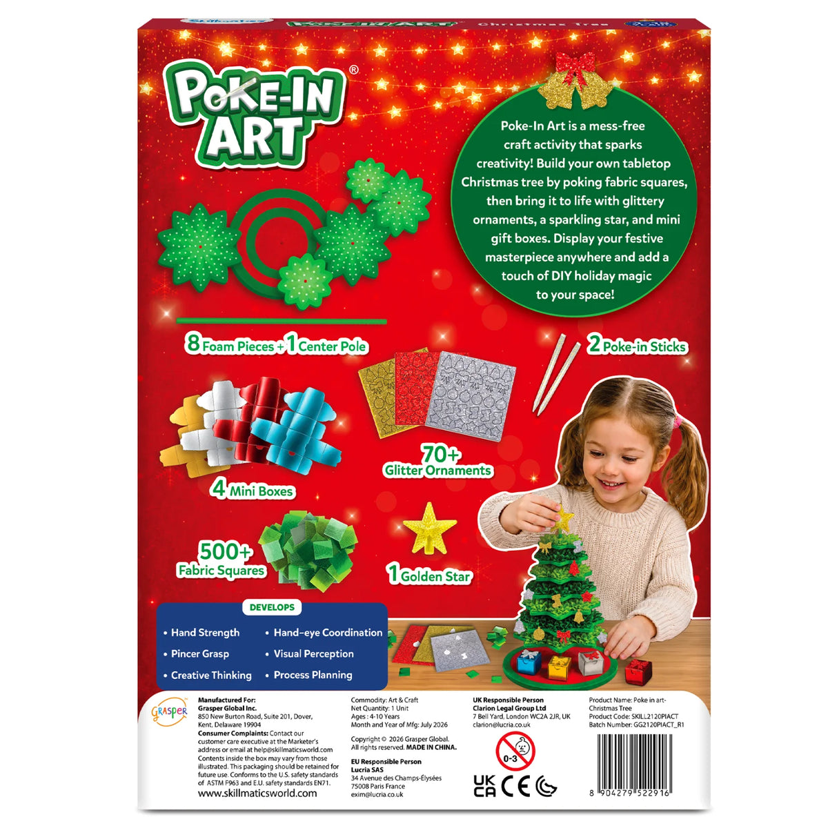 Back of Skillmatics Poke-In Art Christmas Tree packaging showing foam pieces, center pole, poke-in sticks, mini gift boxes, glitter ornament sheets, fabric squares and golden star. A child decorates the tree at a table, with skill benefits, product details, safety symbols and barcode below.