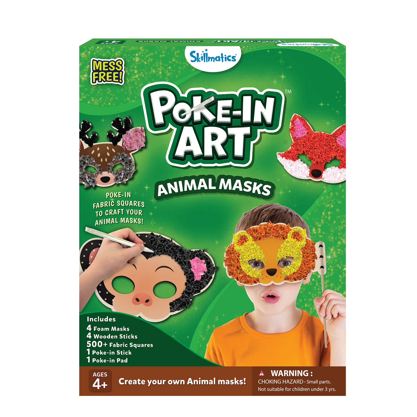 Skillmatics Poke-In Art Animal Masks craft kit packaging for kids ages 4 and up. The box shows colorful DIY animal masks made using poke-in fabric squares, including designs like a deer, monkey, fox, and lion. Kit includes 4 foam masks, 4 wooden sticks, 500+ fabric squares, 1 poke-in stick, and 1 poke-in pad.