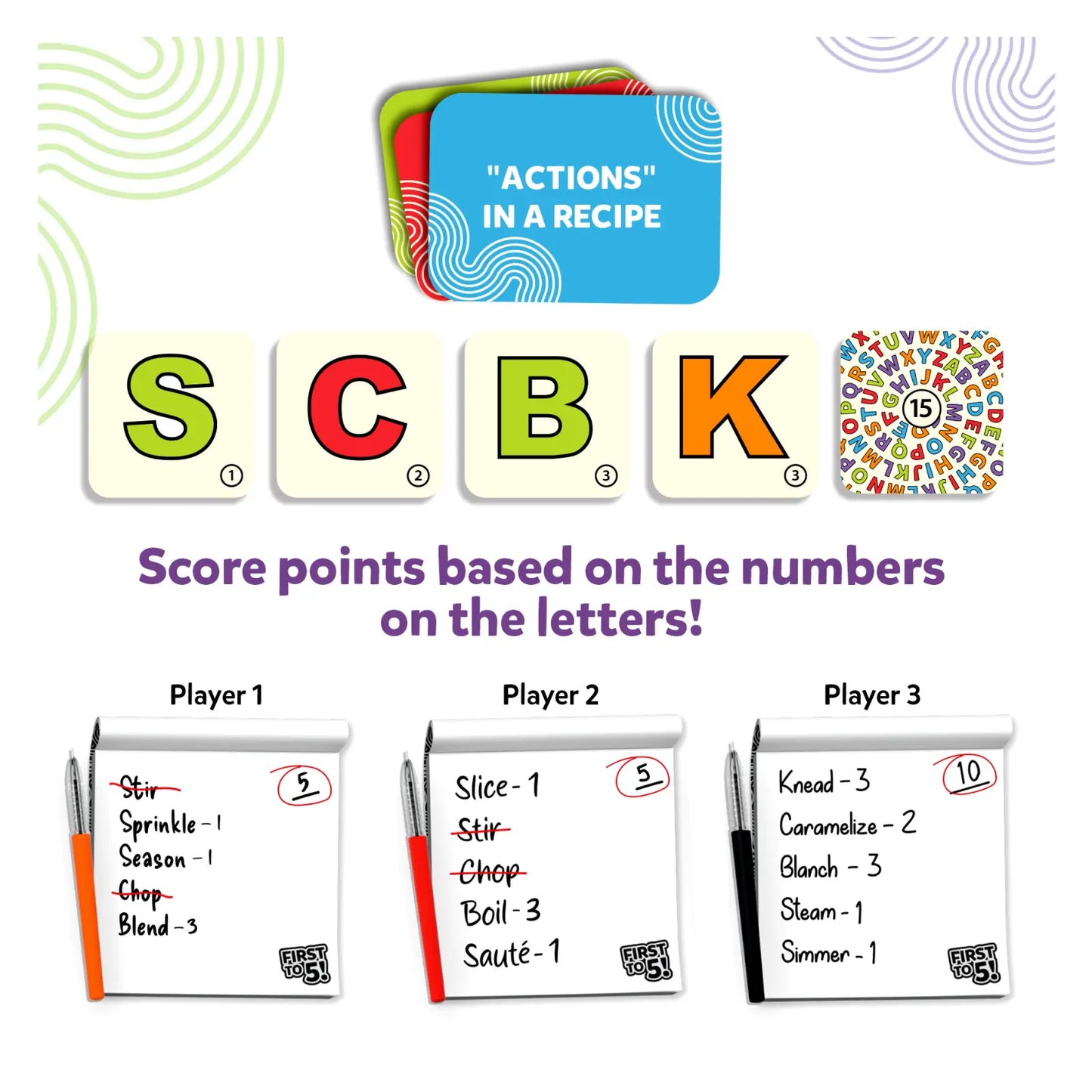 Educational cooking game for kids aged 8+ in First to 5 Quick Category Game with a Twist