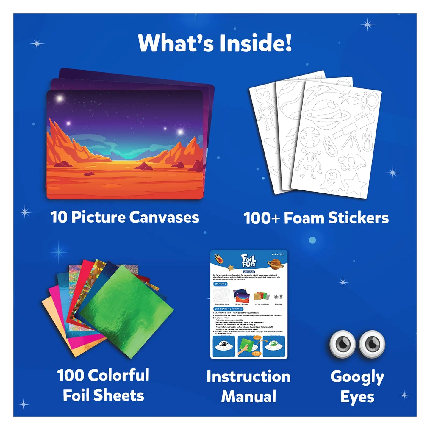 Space-themed craft kit for kids ages 4-9 featuring foil art no mess set