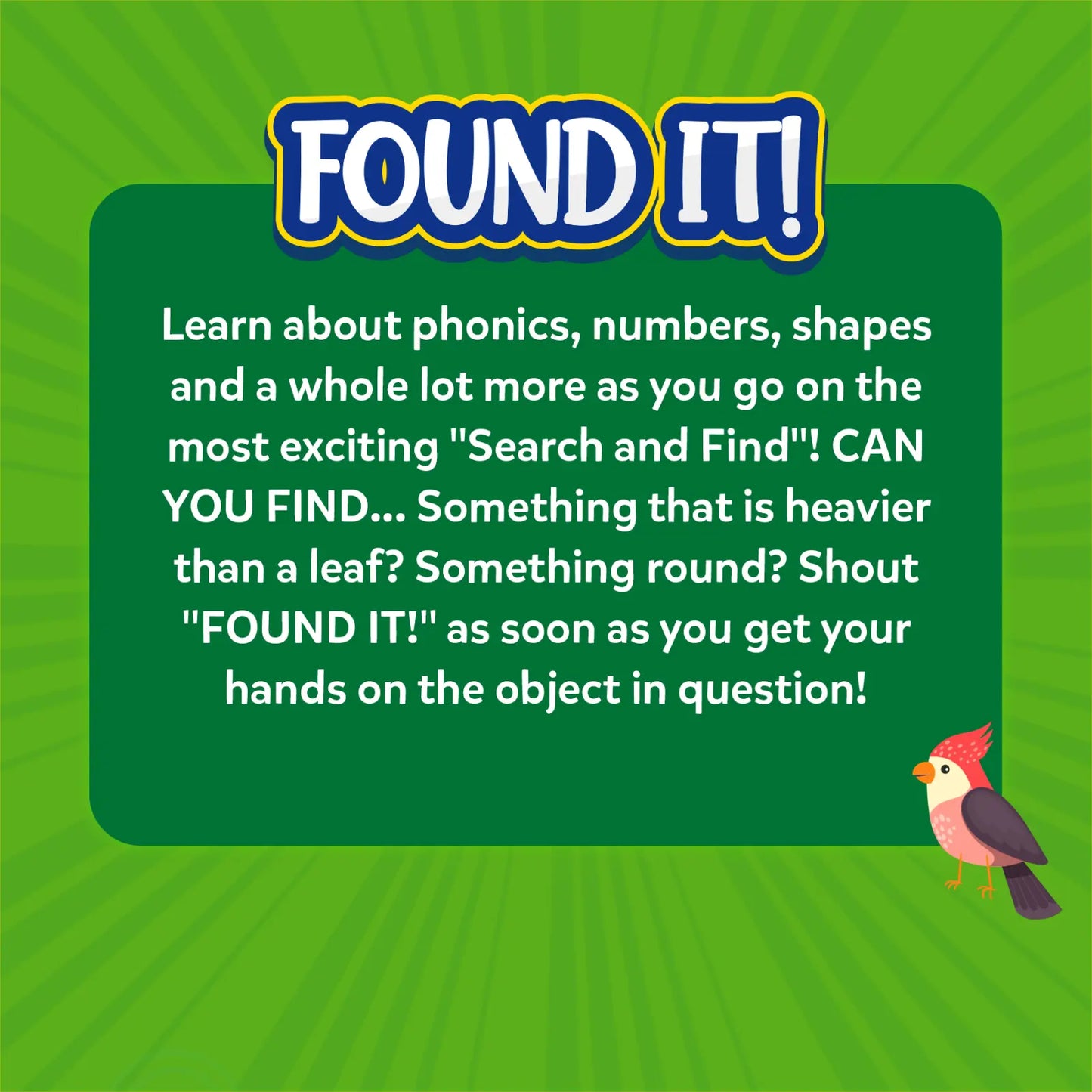 Educational game advertisement for Found It! Combo Indoor Outdoor for ages 4-7
