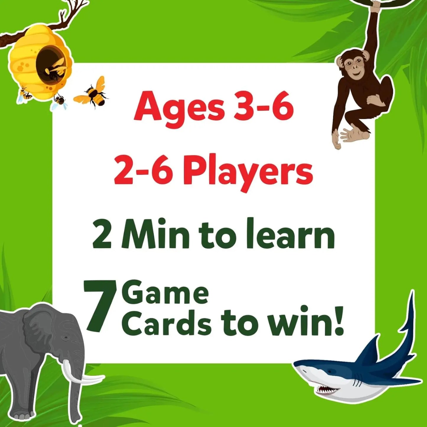 Game details for ages 3-6 on Guess in 10 Junior Animal Kingdom trivia card game