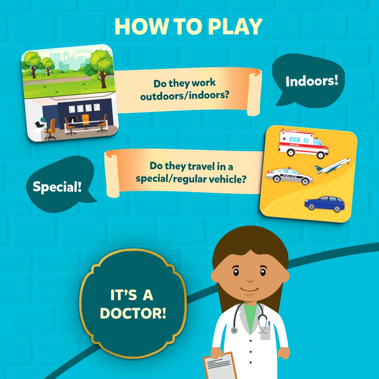 Cartoon doctor game instructions for Guess in 10 Junior Community Helpers trivia card game
