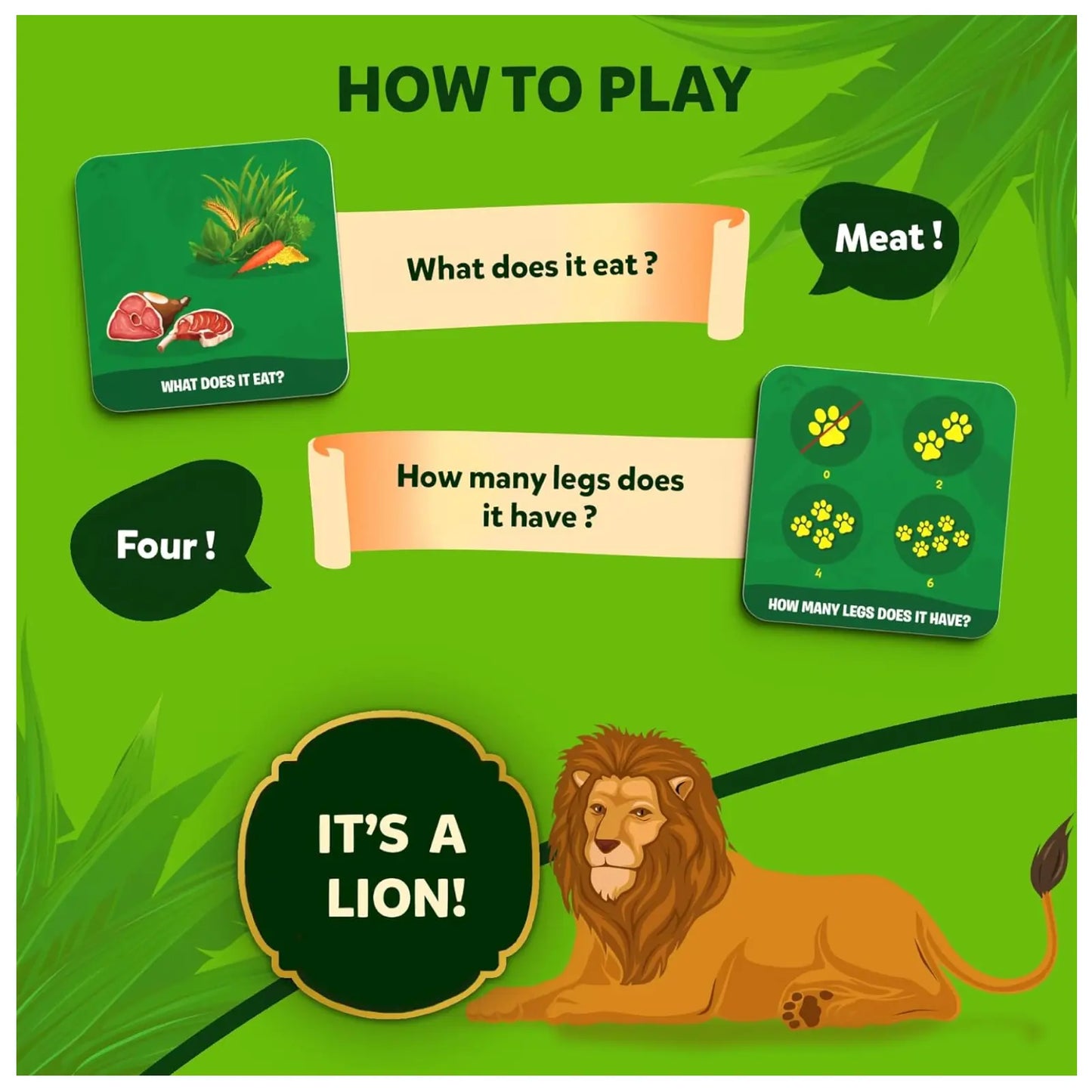 Lion-themed educational game in the Guess in 10 Junior Animal Kingdom trivia card game