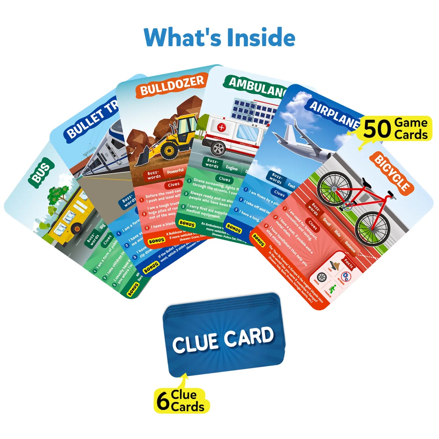 Educational game cards from Guess in 10 Things That Go Trivia card game for ages 6 plus