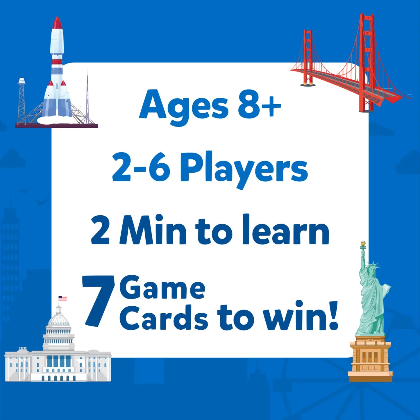 Educational game advertisement for Guess in 10 American Cities trivia card game for ages 8+