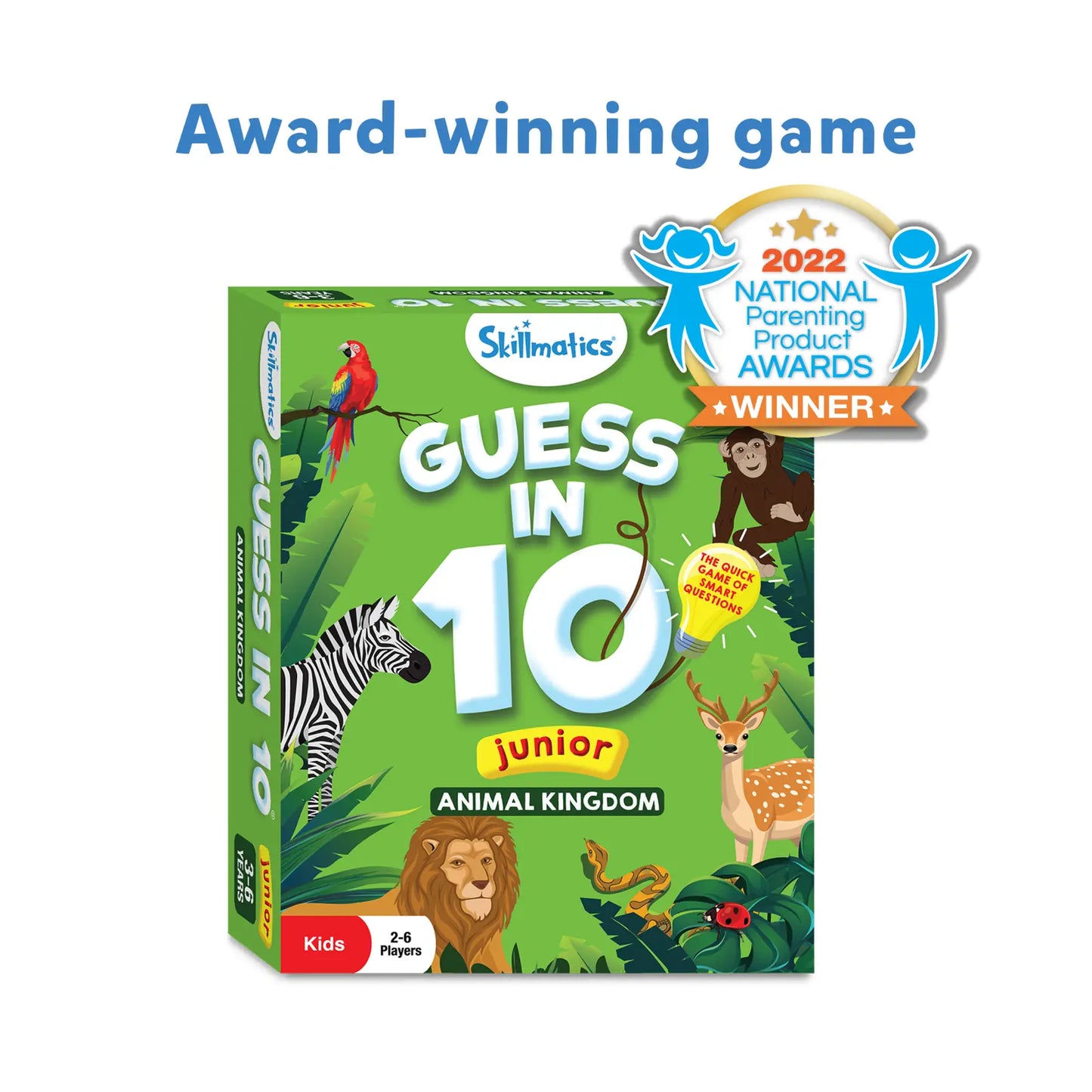 Guess in 10 Junior Animal Kingdom game for kids aged 3-6 featuring animal trivia cards