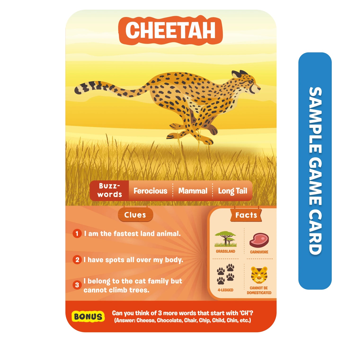 Cheetah-themed educational game card from Animal Planet Mega Pack for kids learning animals