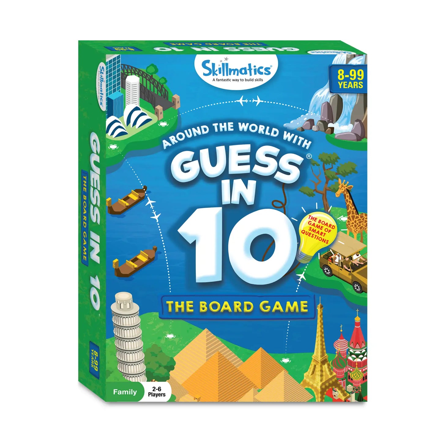 Guess in 10 board game box for Around The World themed family trivia game for ages 8+