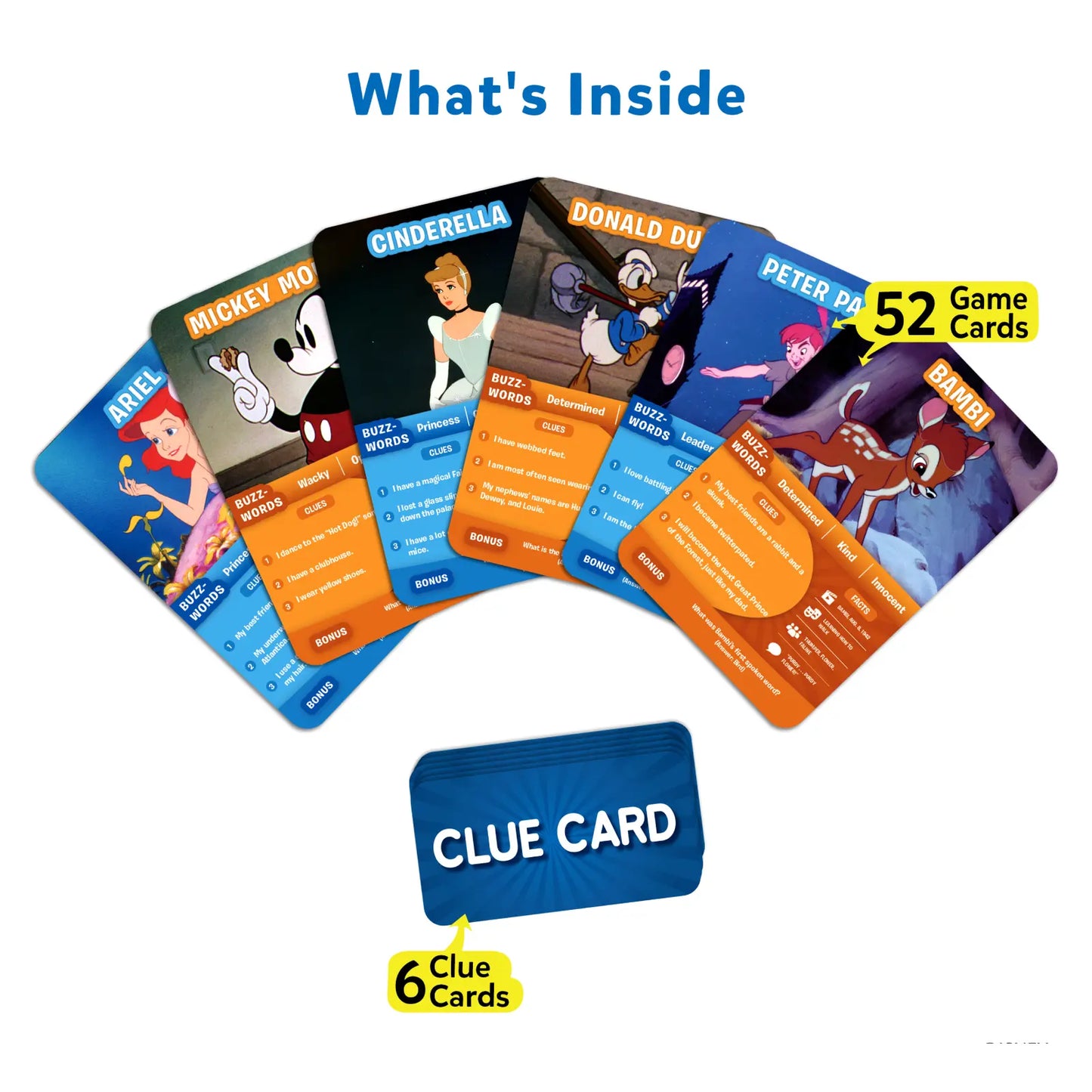 Disney character clue card game from Guess in 10 Disney Edition displayed