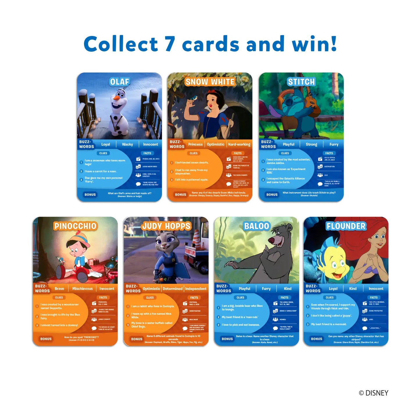 Disney character cards from Guess in 10 Disney Edition game displayed on a shelf