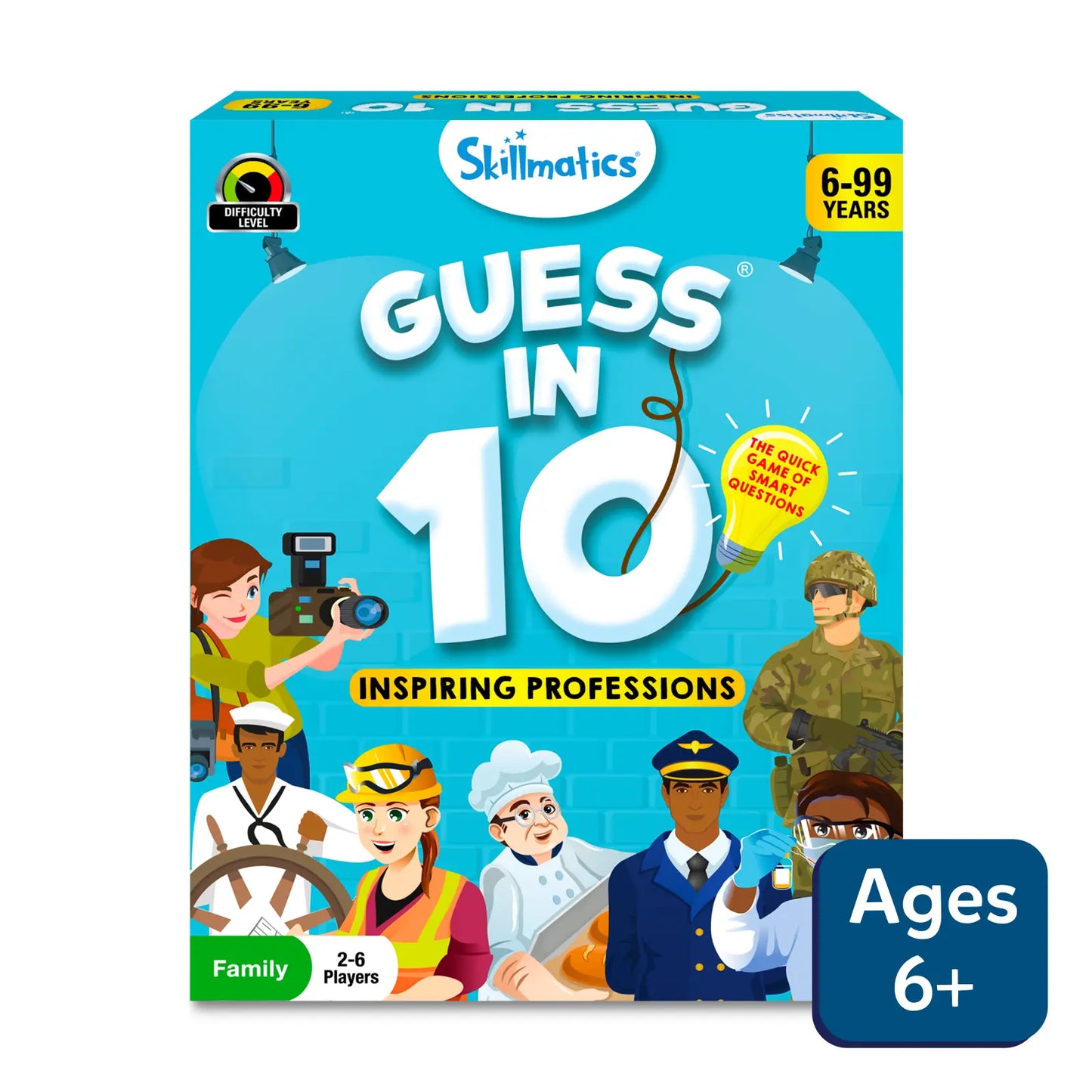 Guess in 10 Inspiring Professions trivia card game for ages 6+ displayed on packaging