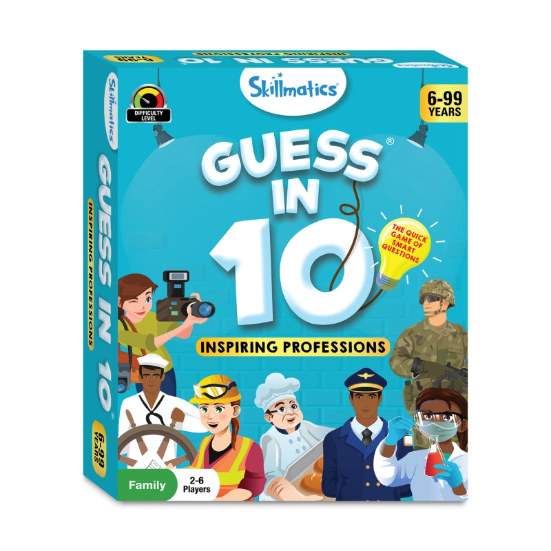 Guess in 10 inspiring professions trivia card game box for ages 6+