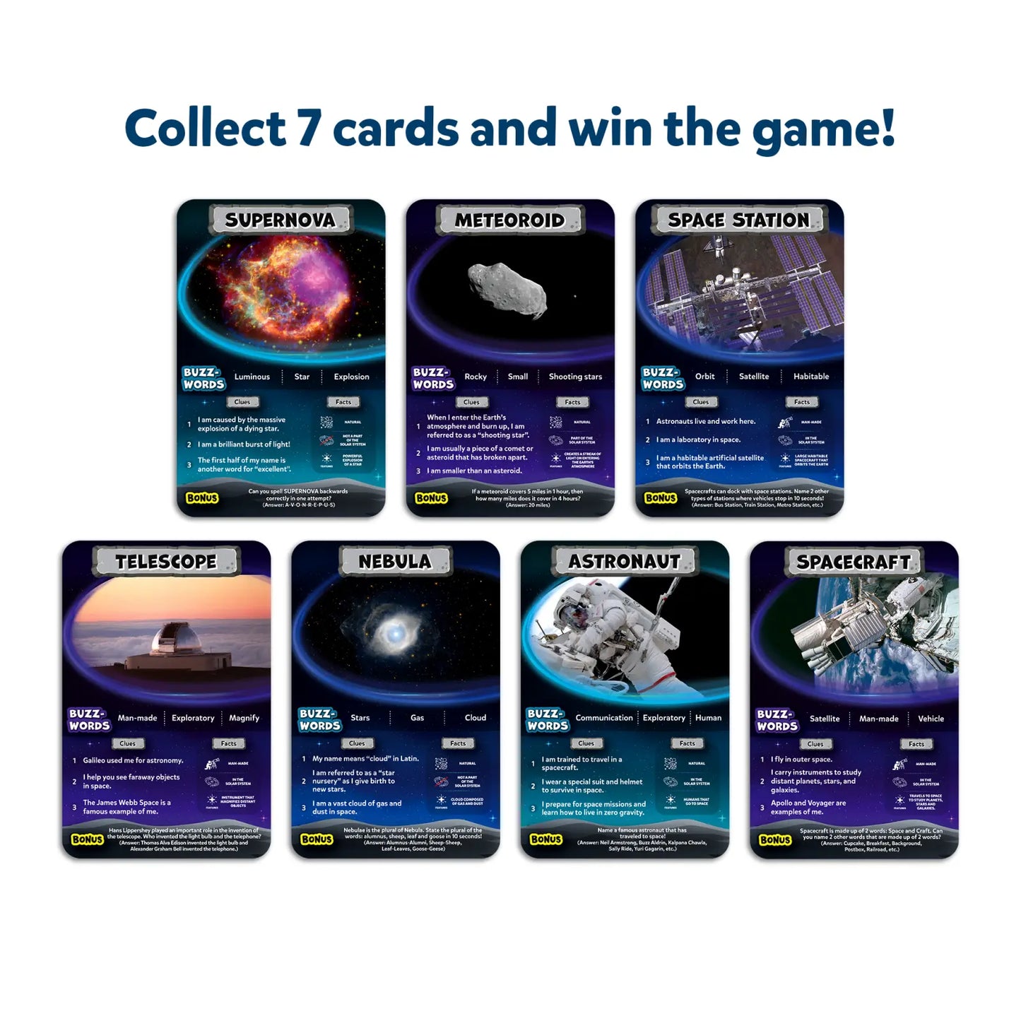 Space-themed collectible cards from Guess in 10 All About Space Trivia Card Game for ages 8+