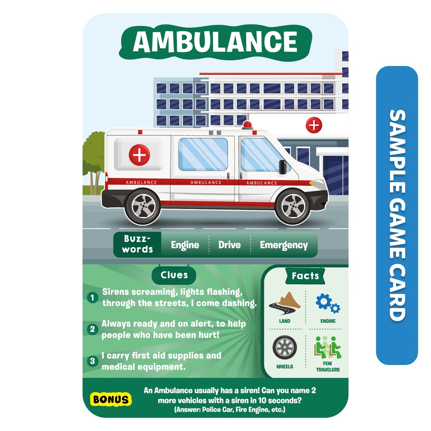 Ambulance-themed educational game card from Things That Go! series for kids