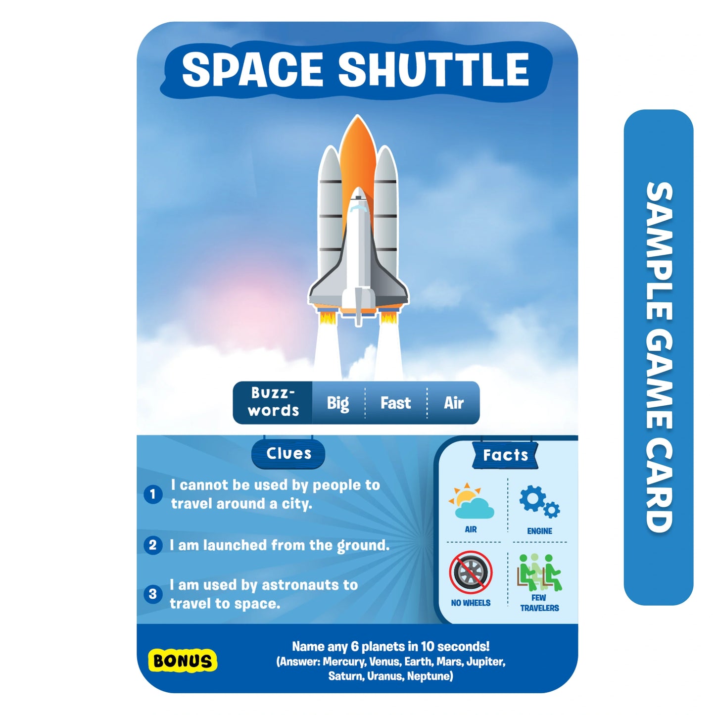 Space shuttle game card from the Things That Go! collection featuring a space shuttle design