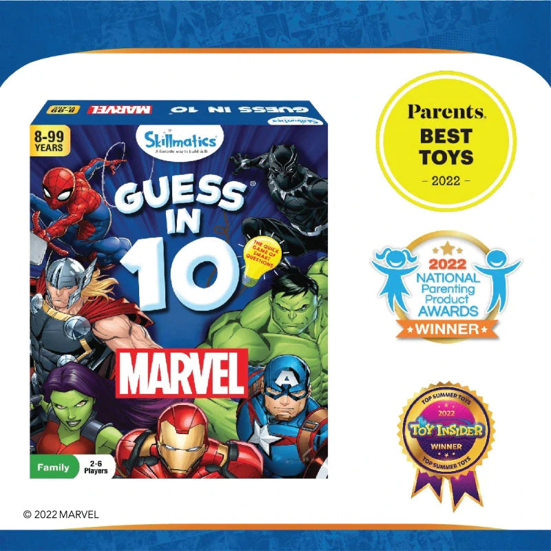 Marvel Guess in 10 board game featuring Marvel superheroes and vibrant design