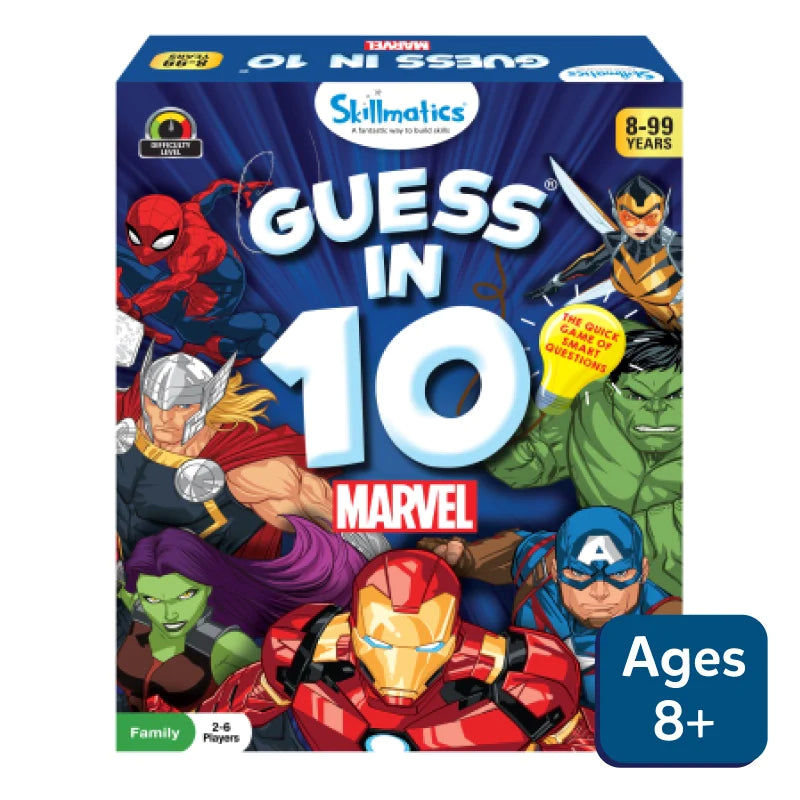 Marvel Guess in 10 board game featuring Marvel superheroes and vibrant graphics