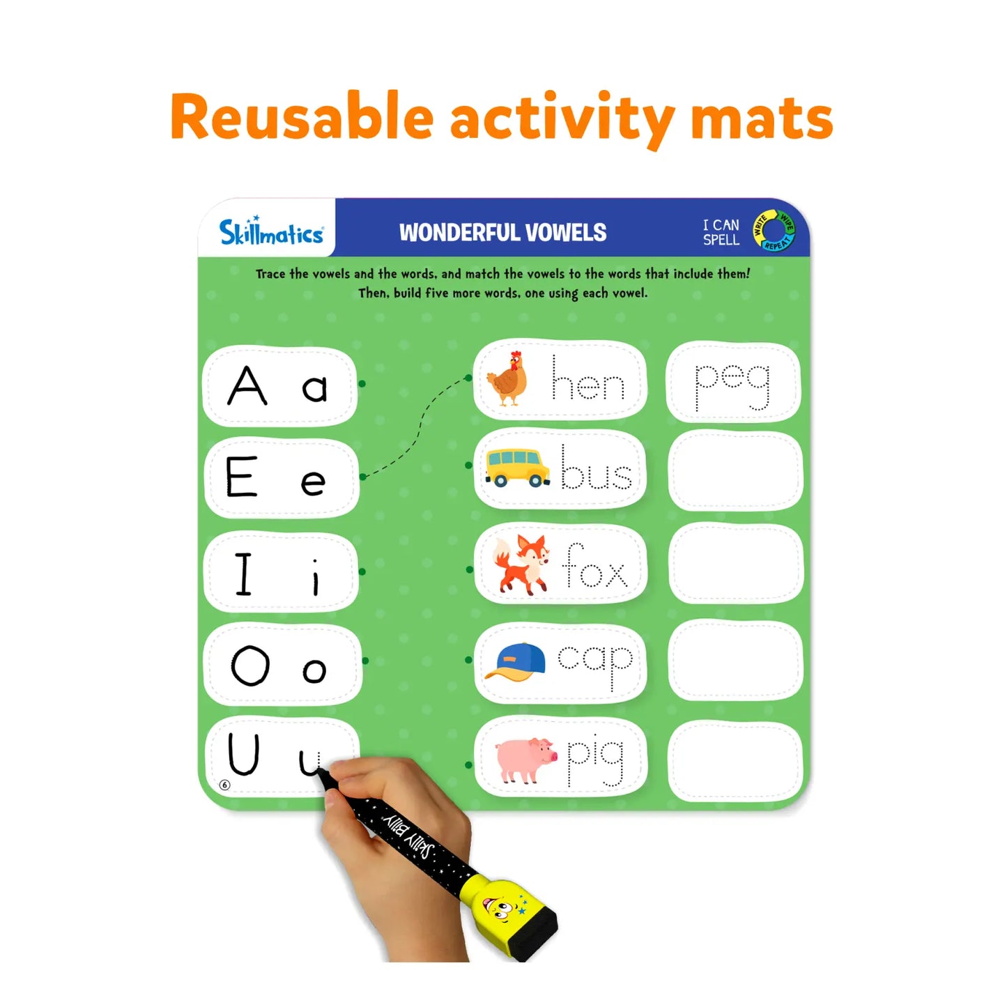 Reusable activity mat with letters and words for educational use, featuring a hand holding a marker.