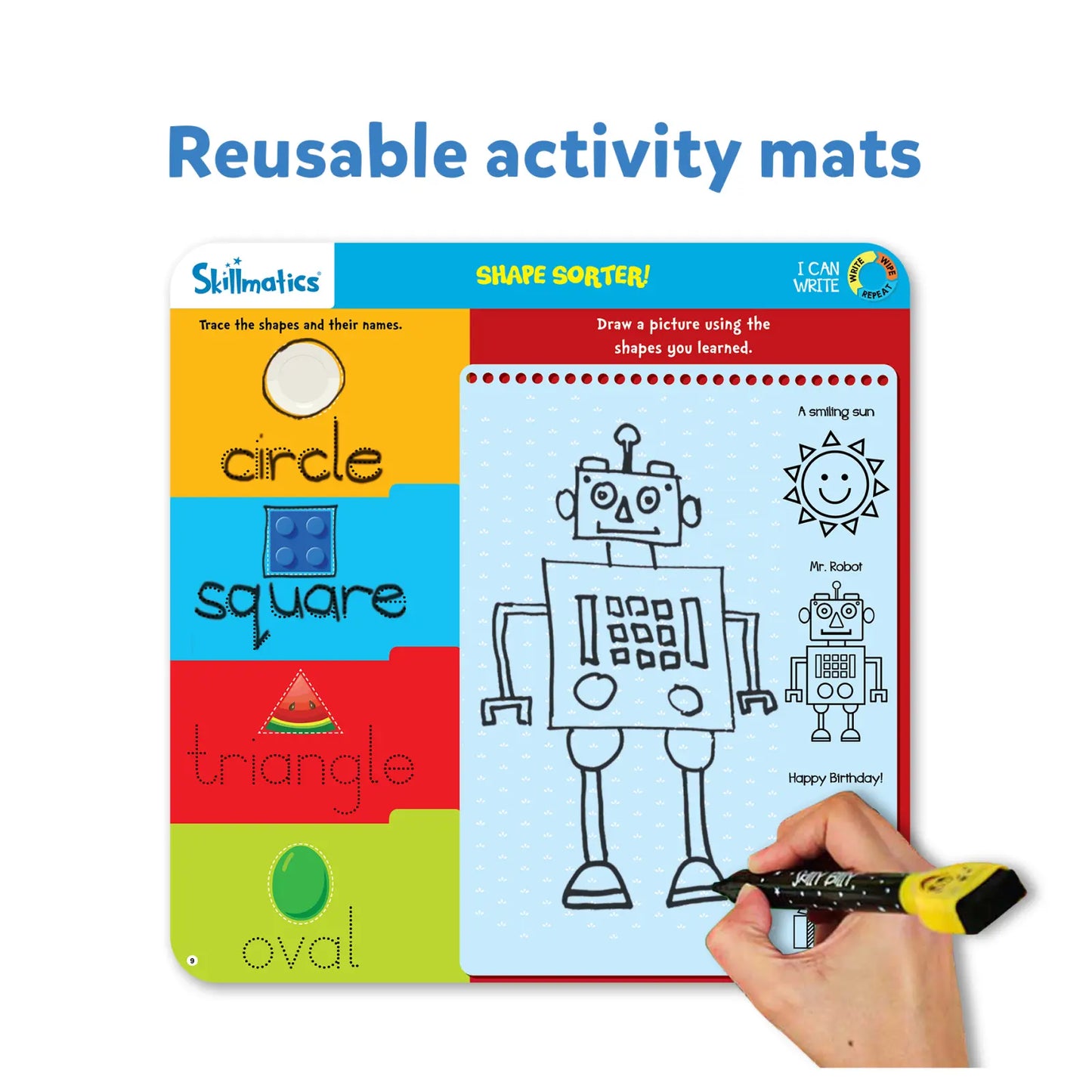 Shape learning activity mat with drawing area on the Write and Wipe I Can Write product