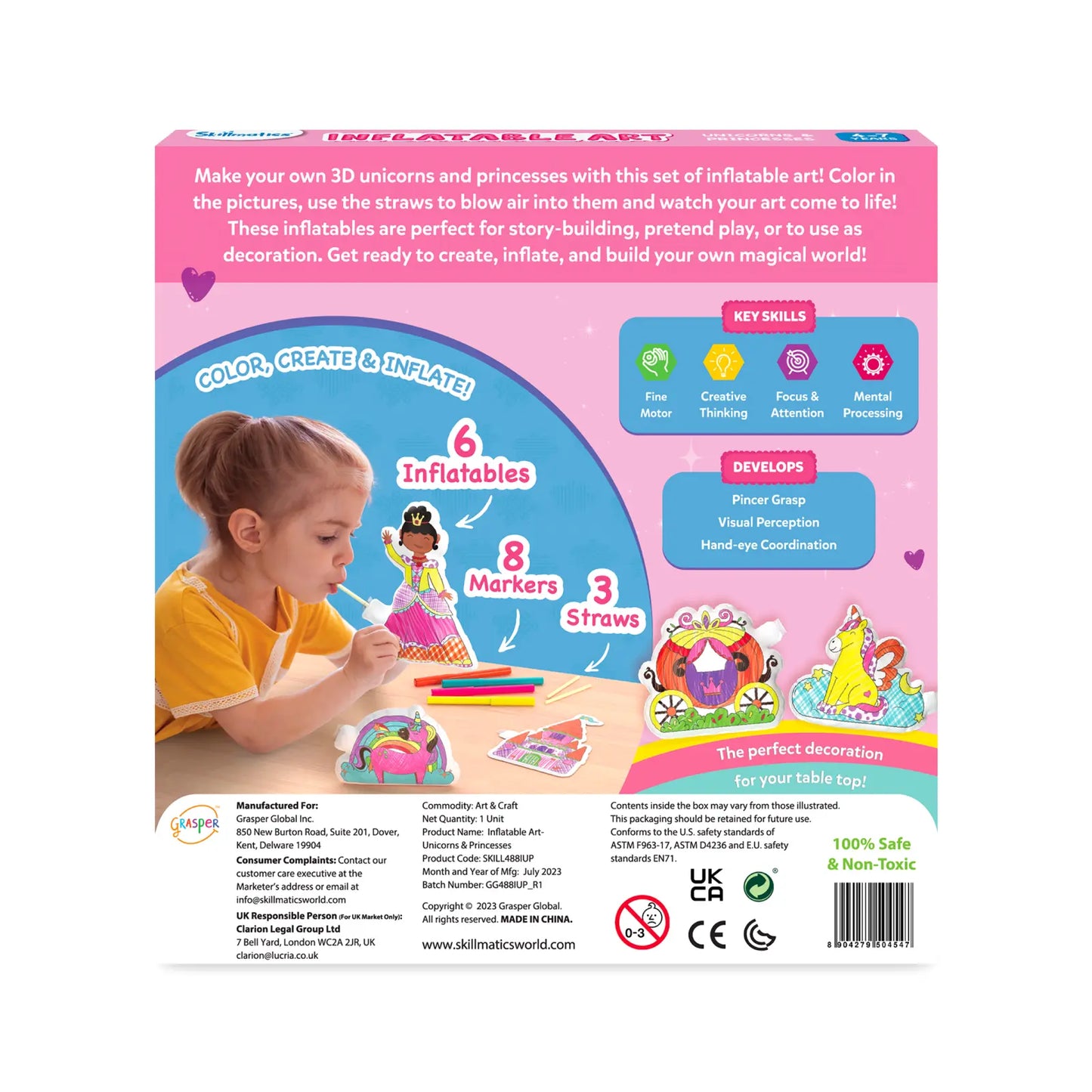 Inflatable art kit packaging featuring 3D Unicorns and Princesses for children ages 4 to 7