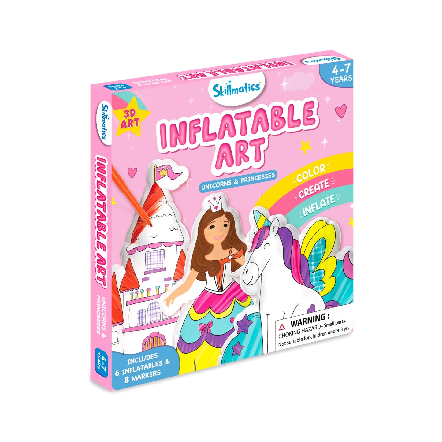 Inflatable art kit for children featuring 3D unicorns and princesses for ages 4 to 7