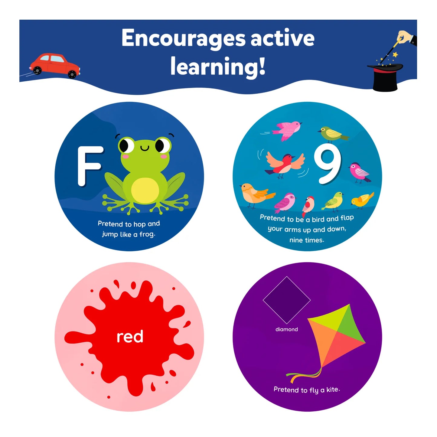 An educational image displaying four colorful flashcards under the heading “Encourages active learning!” The cards include:
The letter "F" with a frog and the prompt “Pretend to hop and jump like a frog.”
The number "9" with birds and the prompt “Pretend to be a bird and flap your arms up and down, nine times.”
A red splatter with the word “red.”
A diamond shape with a kite and the prompt “Pretend to fly a kite.”