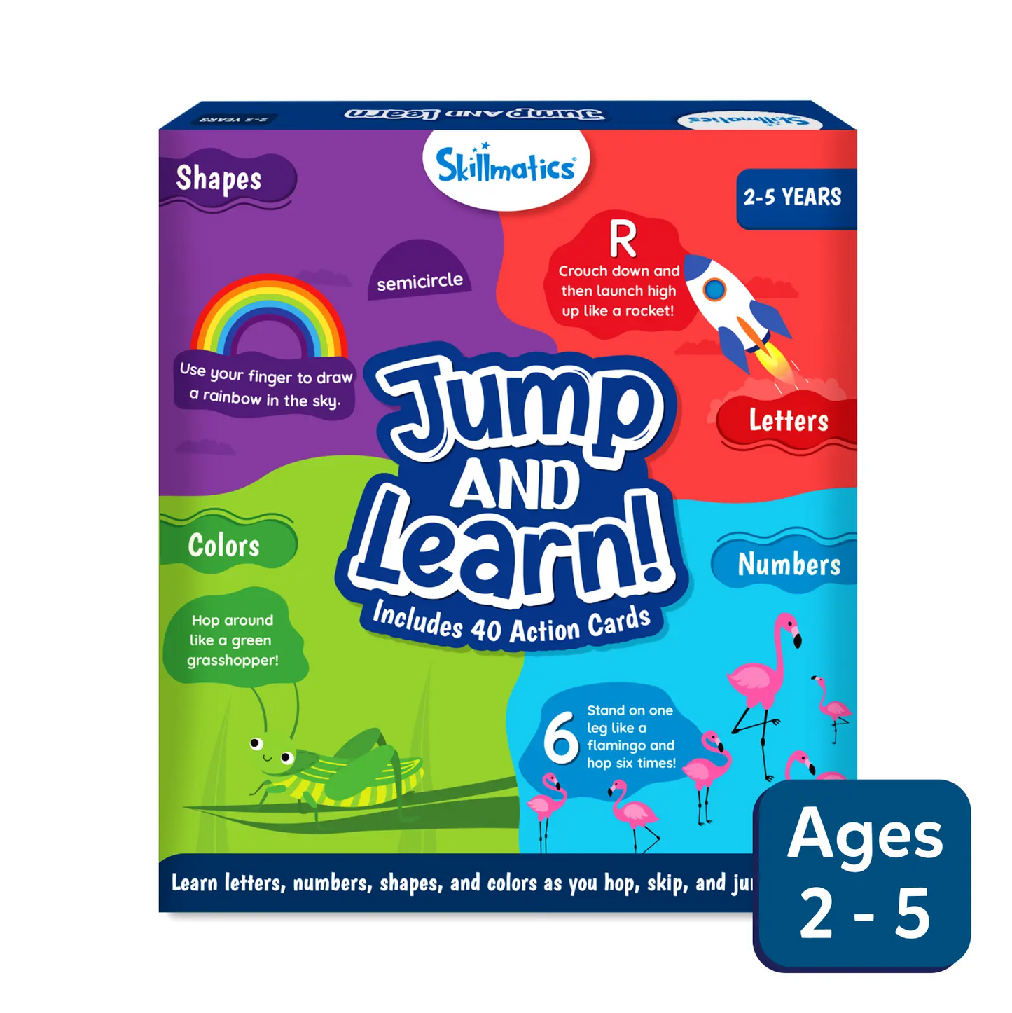 A box of Skillmatics Jump and Learn educational flashcards for children aged 2-5, focusing on letters, numbers, shapes, and colors.