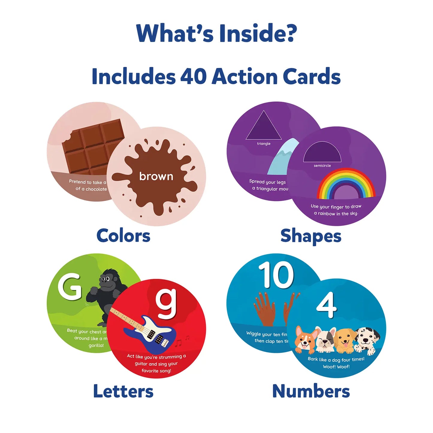Educational card with colors, shapes, letters, and numbers for children.