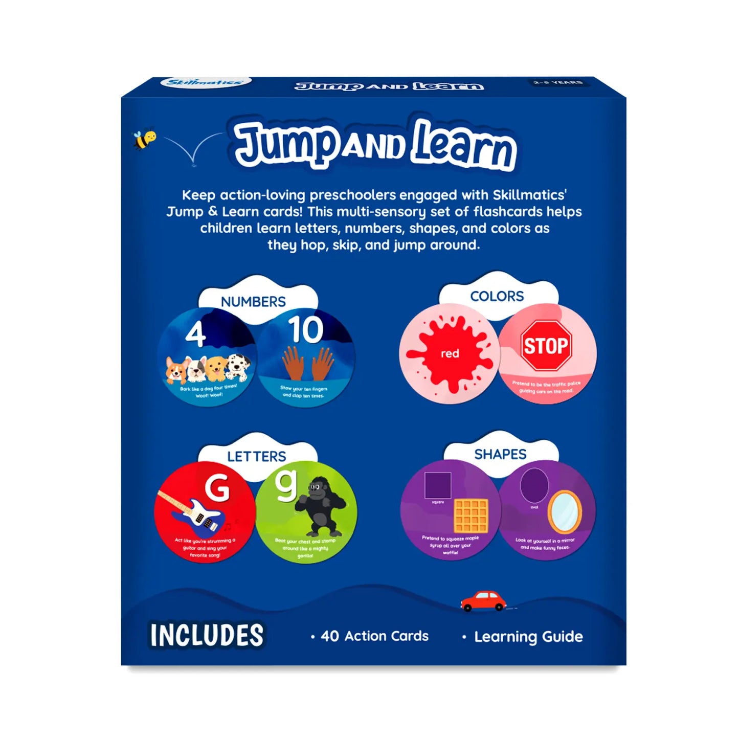 Box of educational flashcards with colorful designs on a blue background