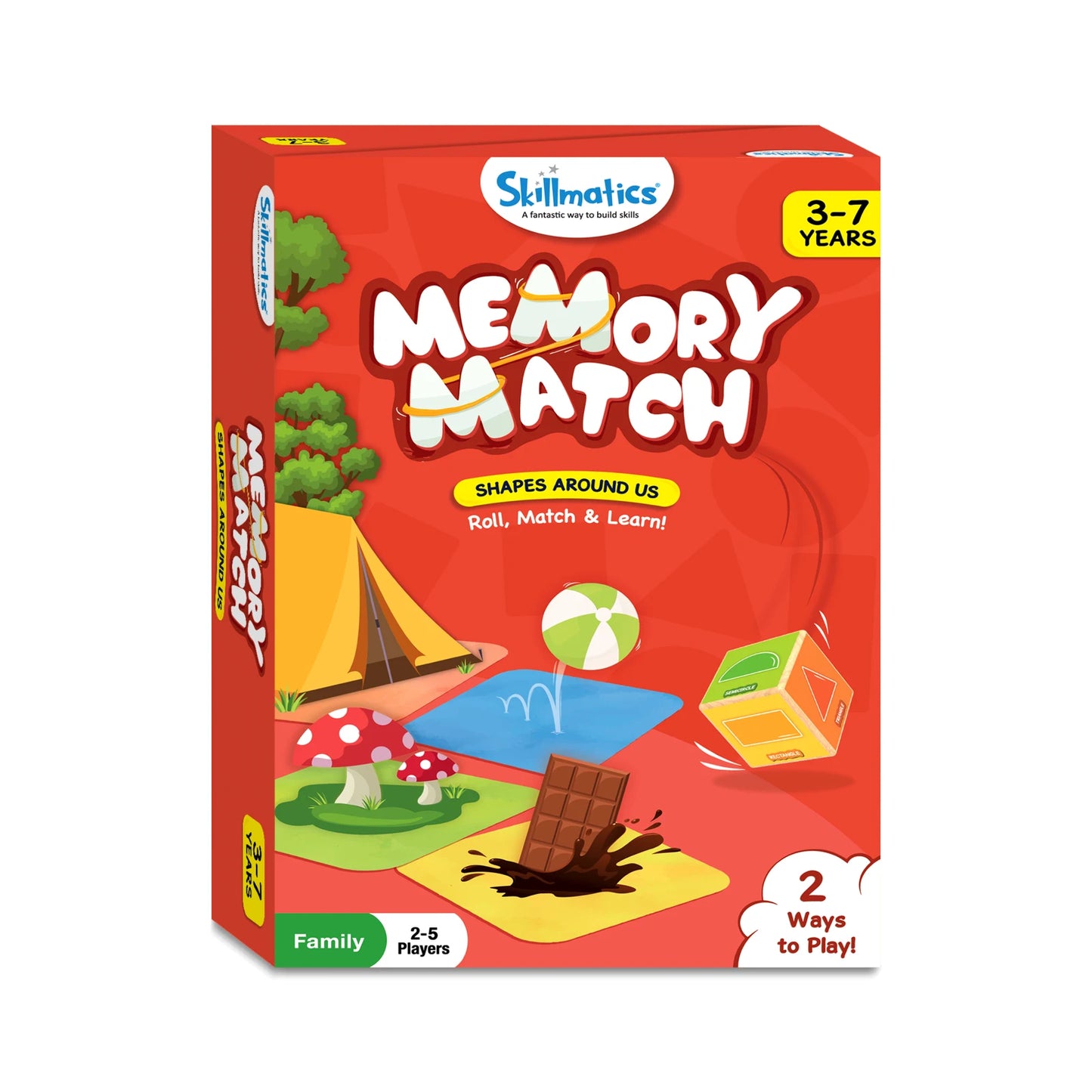 Memory match game box featuring colorful shape illustrations for kids aged 3 to 7