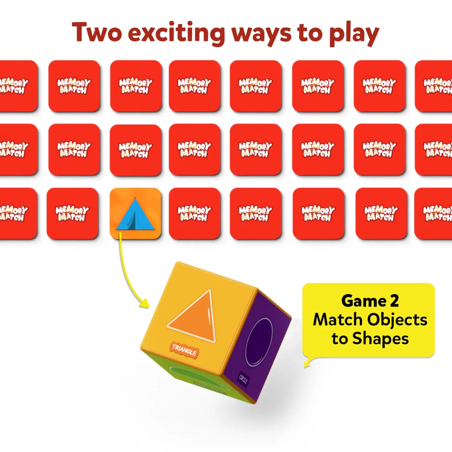 Memory matching game with shape-matching cube from Memory Match Shapes Around Us board game