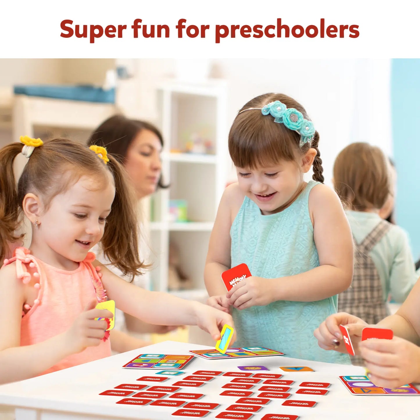 Preschoolers playing a matching game from Memory Match: Shapes Around Us Board Game