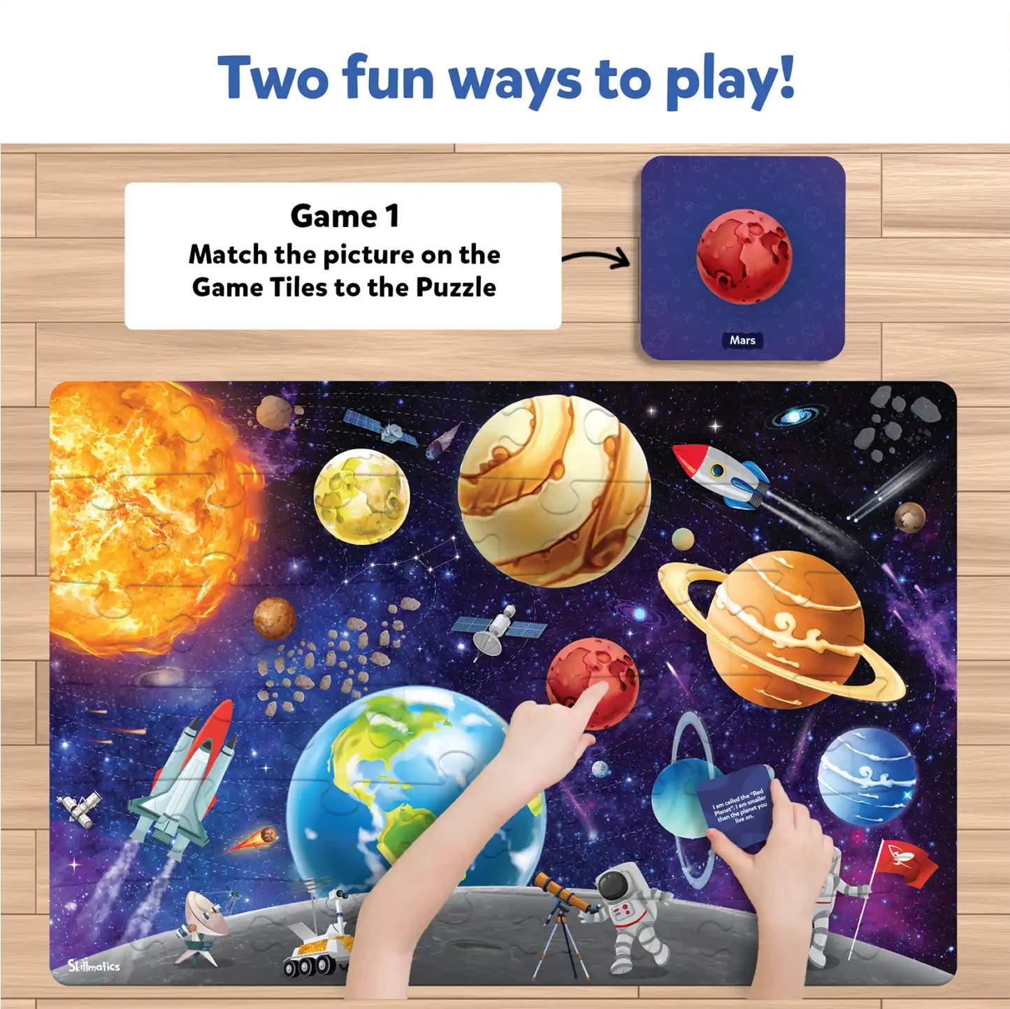 Space-themed puzzle with game tiles from Piece & Play Up in Space for ages 3-7