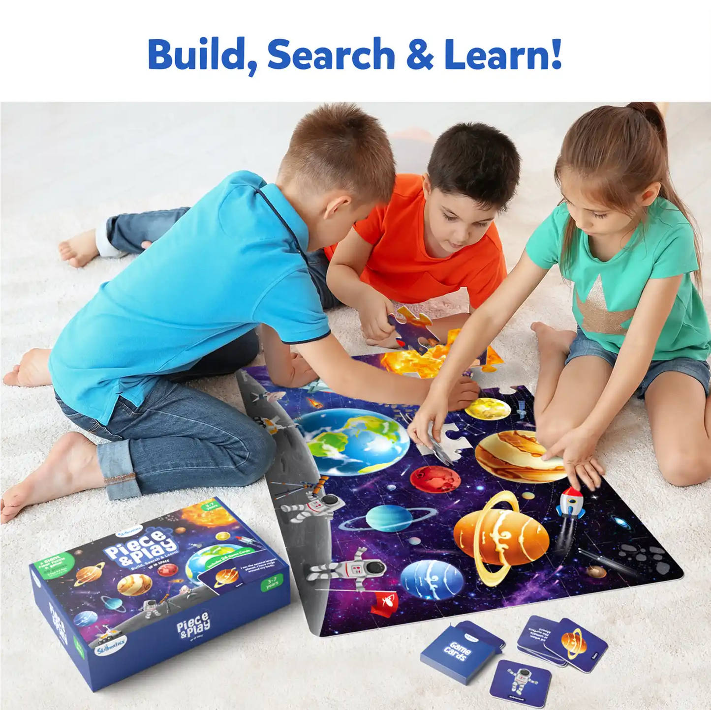 Space-themed jigsaw puzzle with playing cards and box for kids ages 3-7