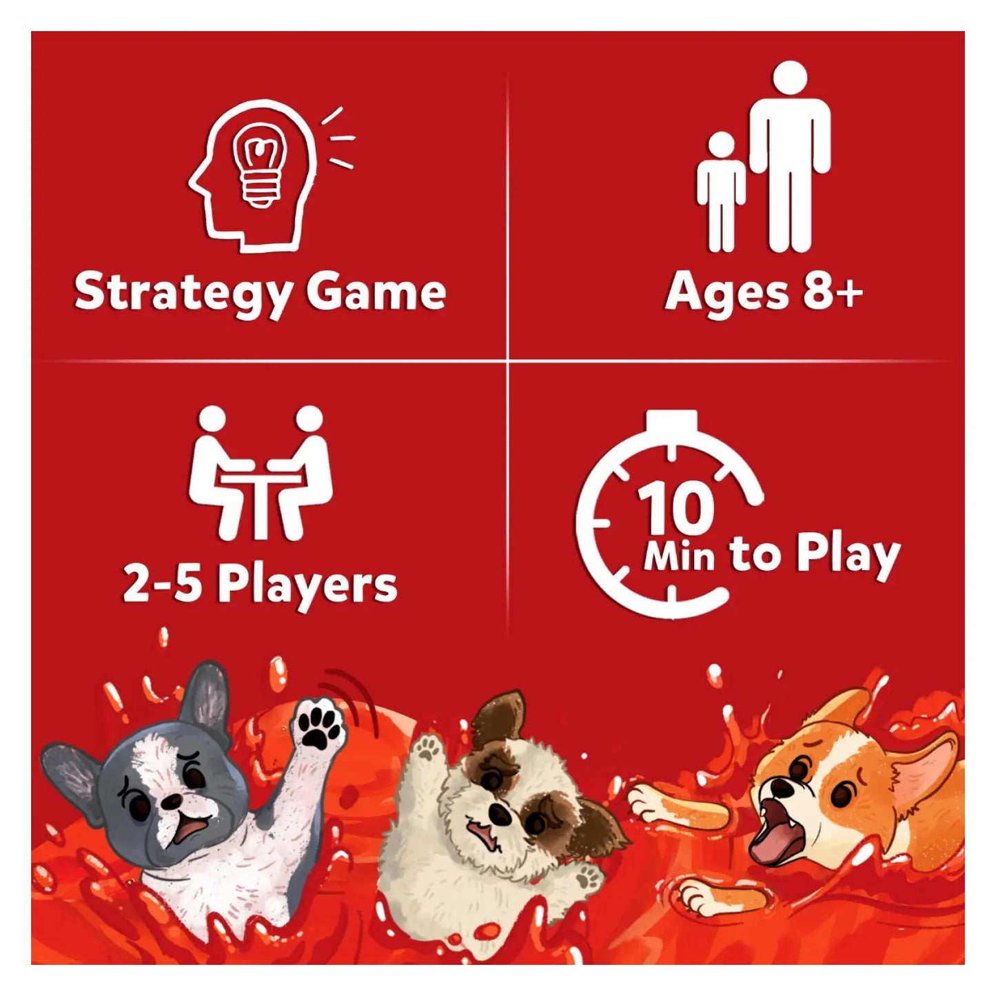 Game box with cartoon dogs for Pups in a Soup fast-paced card game for ages 8+
