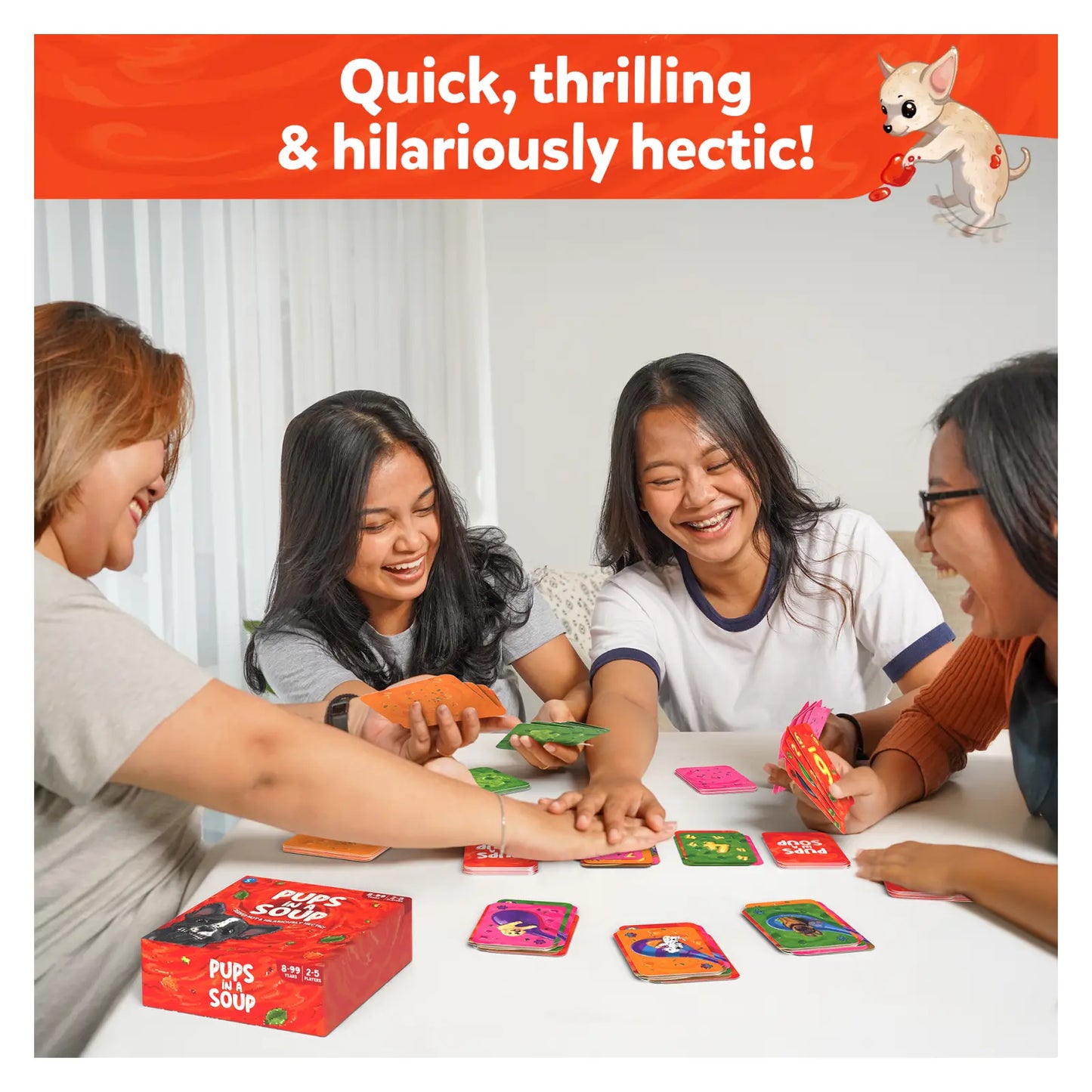 Pups in Soup card game featuring playful puppies in a colorful bowl scene