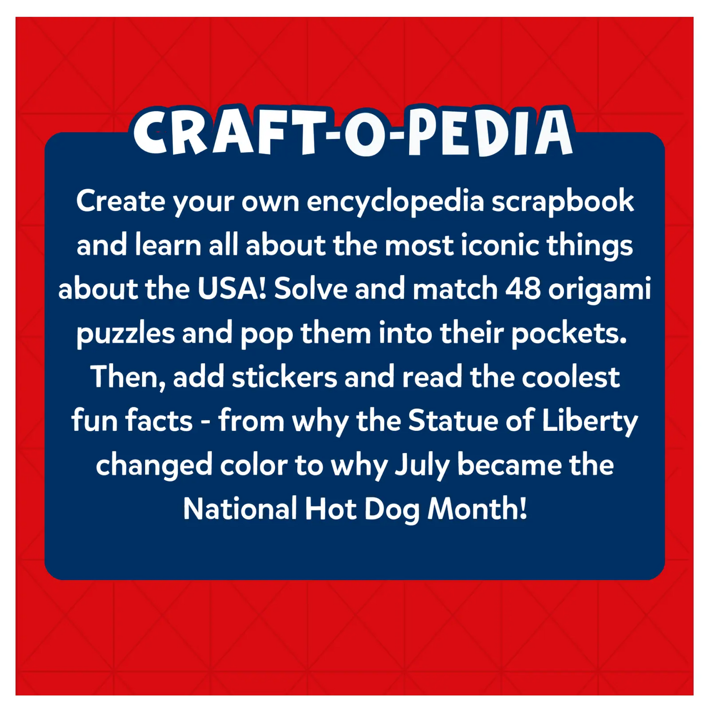 Craft-O-Pedia scrapbook description showcasing USA-themed origami puzzle book for ages 7+