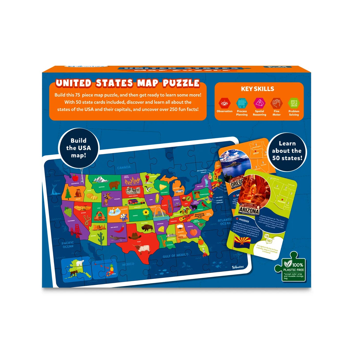 United States map puzzle box for children ages 6 to 12 showing states and regions