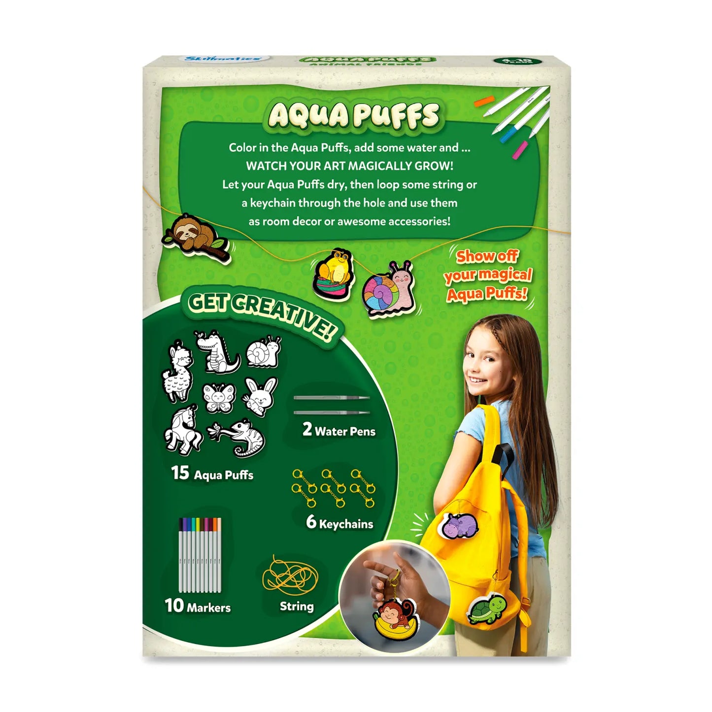 Aqua Puffs product packaging with green and white design, showing water pens, markers, and keychains.