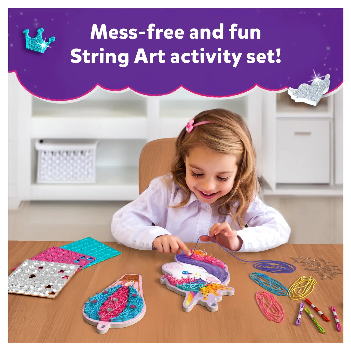 String art activity set featuring a colorful unicorn design for kids aged 6-12
