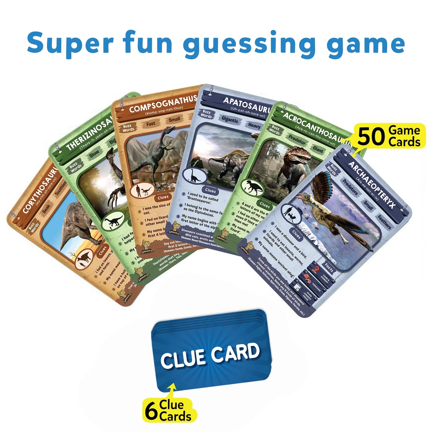 Dinosaur-themed guessing game cards from Skillmatics Guess in 10 World of Dinosaurs for ages 8+