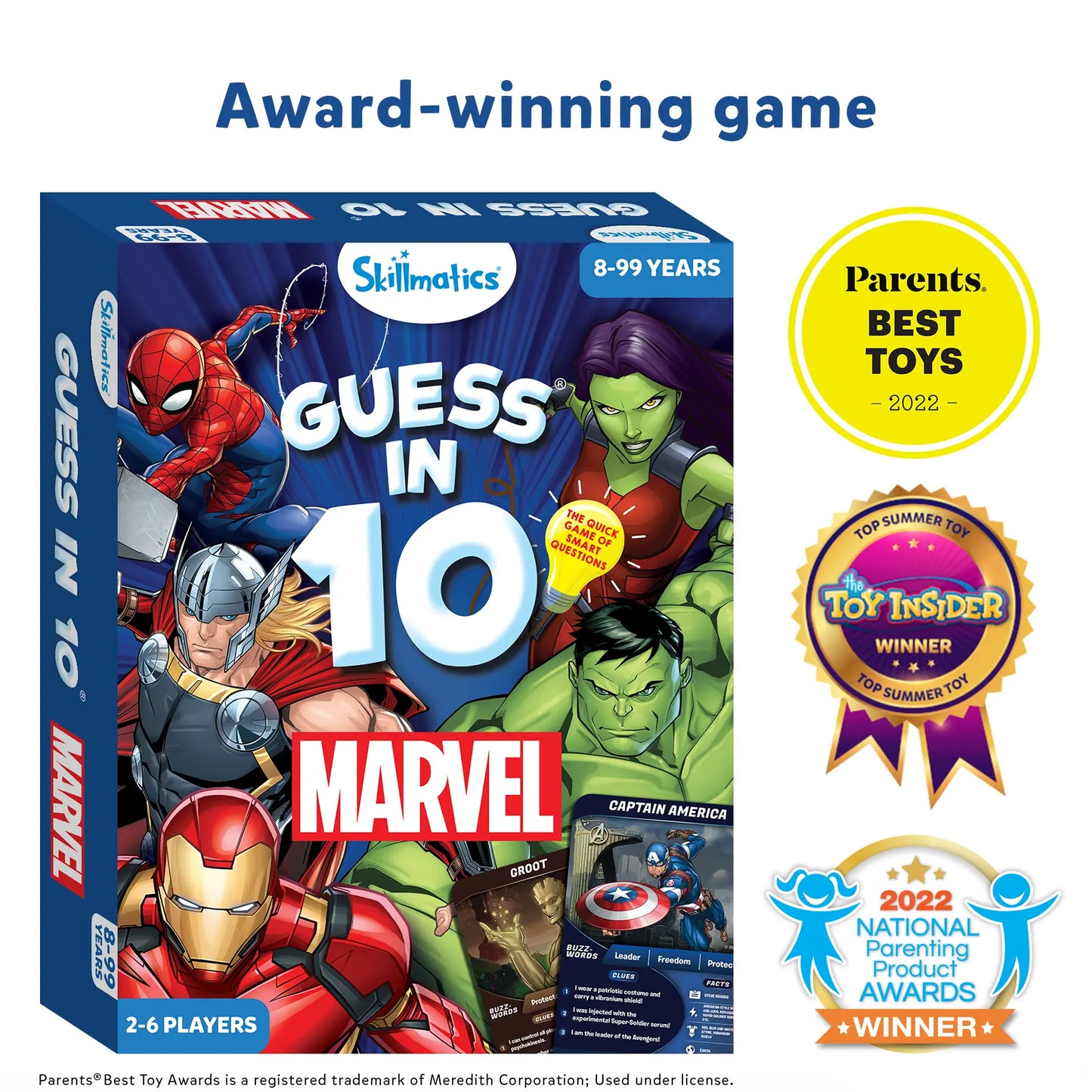 Marvel Guess in 10 game displayed on Skillmatics Marvel Card Game package for ages 8+