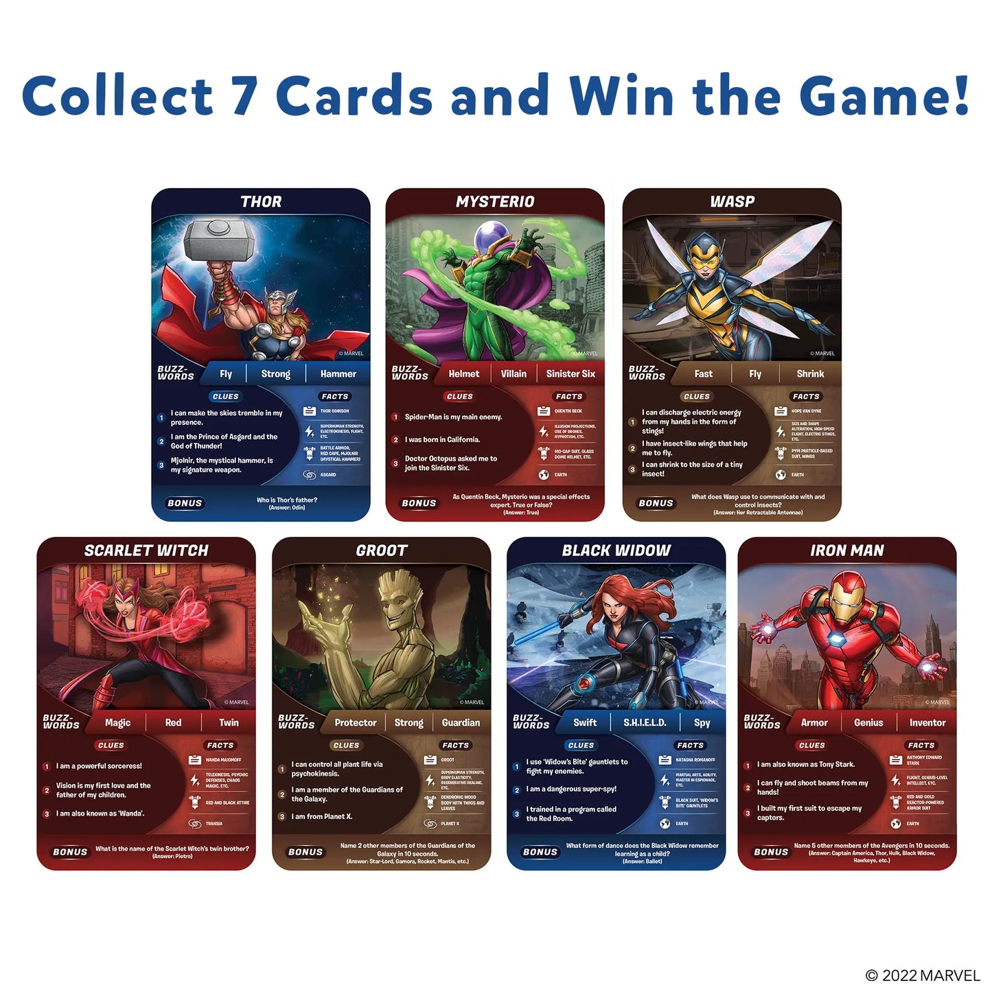 Marvel character cards from Skillmatics Marvel Card Game Guess in 10 suitable for ages 8 and up