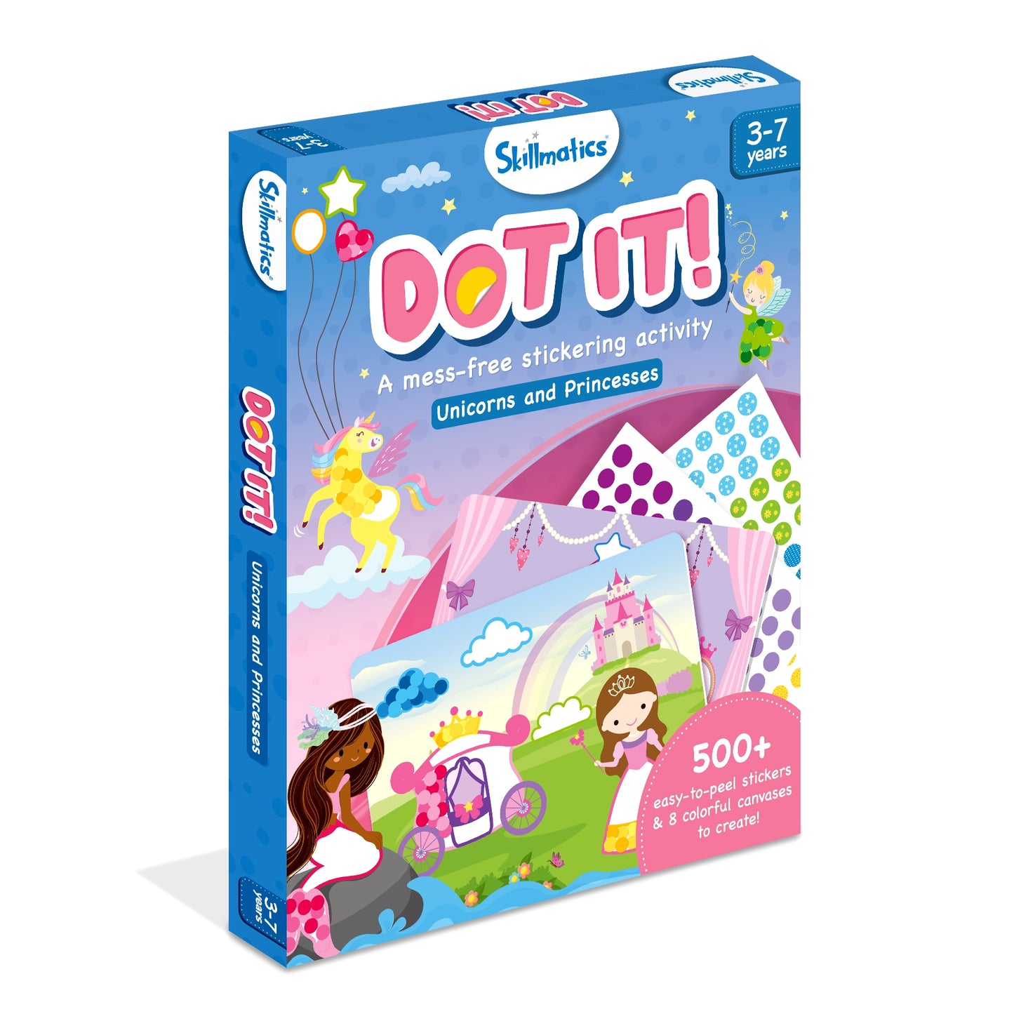 Front view of the Skillmatics "Dot It!" sticker activity kit box for ages 3–7. The box features colorful illustrations of unicorns, princesses, and castles, along with sheets of vibrant dot stickers. The product tagline reads “A mess-free stickering activity – Unicorns and Princesses” and highlights “500+ easy-to-peel stickers & 8 colorful canvases to create.”