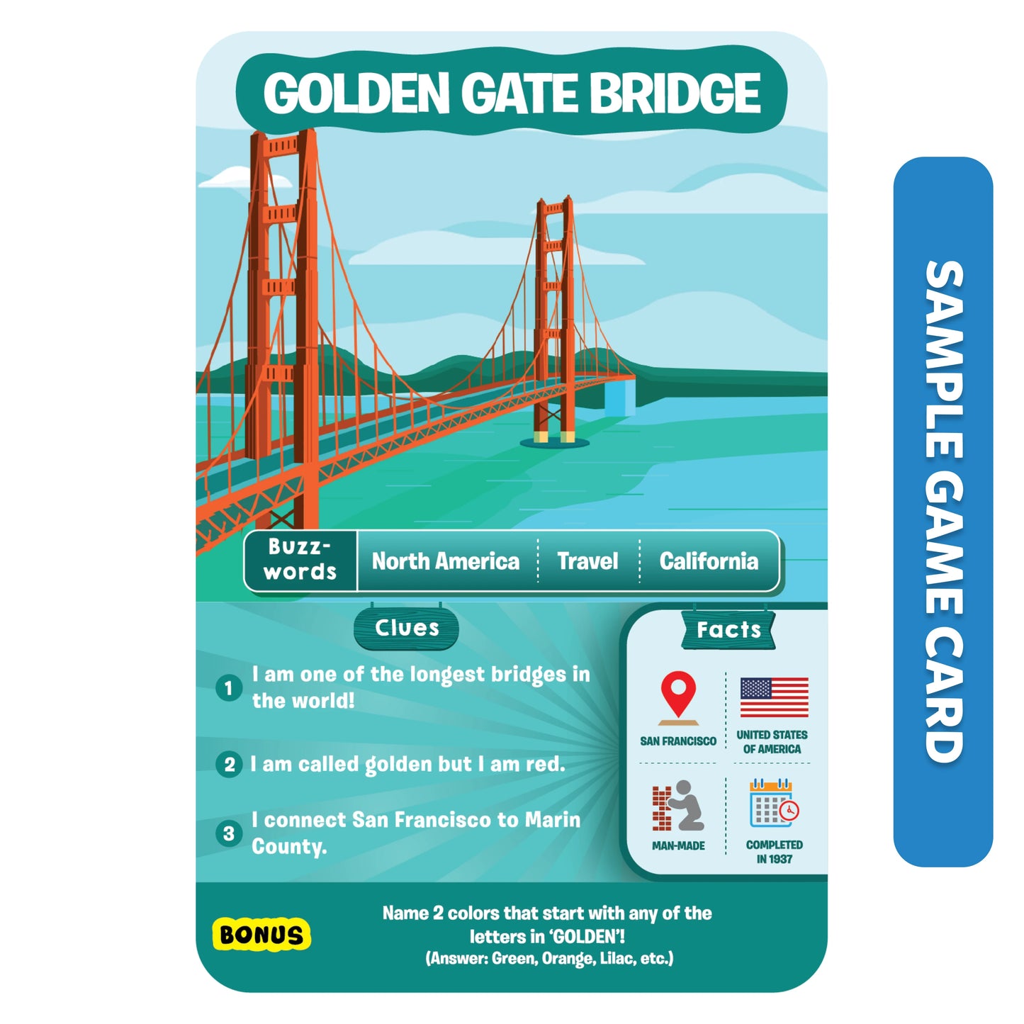 Golden Gate Bridge game card from Guess in 10 Legendary Landmarks trivia game