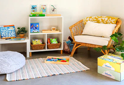 Child’s playroom corner with colorful toys and comfy seating for kids’ learning space